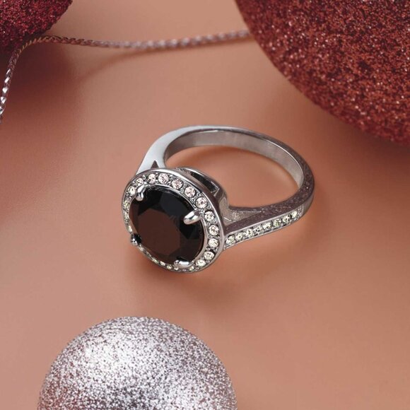 Black Round CZ Halo Cocktail Ring - Picture 2 of 2